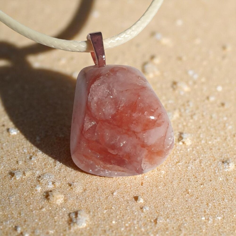 Fire Quartz Natural Hematite Pendant Necklace Adjustable Cream Cord 17" to 19"